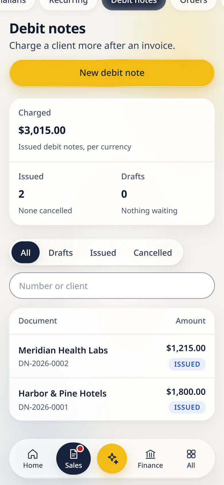 Debit notes in LuckPanda for Fernhill Studio on a phone: showing charged $3,015.00; issued 2; drafts 0. Rows include Meridian Health Labs DN-2026-0002, $1,215.00 Issued; Harbor & Pine Hotels DN-2026-0001, $1,800.00 Issued.