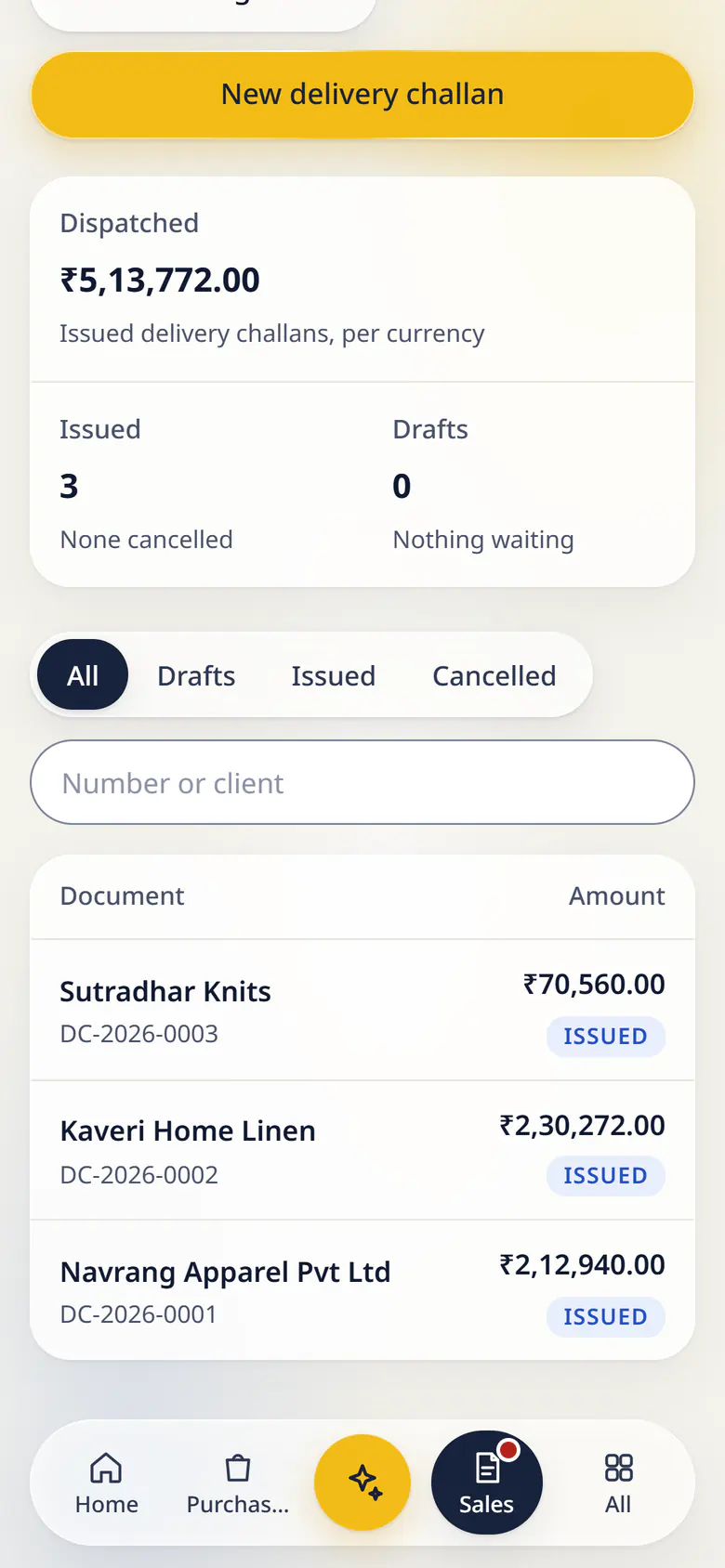 Delivery challans in LuckPanda for Kesar Textiles on a phone: showing dispatched ₹5,13,772.00; issued 3; drafts 0. Rows include Sutradhar Knits DC-2026-0003, ₹70,560.00 Issued; Kaveri Home Linen DC-2026-0002, ₹2,30,272.00 Issued.