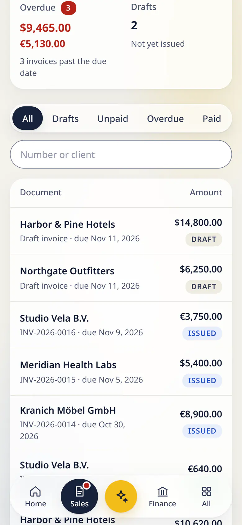 Invoices in LuckPanda for Fernhill Studio on a phone: showing overdue $9,465.00 and €5,130.00; drafts 2. Rows include Harbor & Pine Hotels Draft invoice · due Nov 11, 2026, $14,800.00 Draft; Northgate Outfitters Draft invoice · due Nov 11, 2026, $6,250.00 Draft.