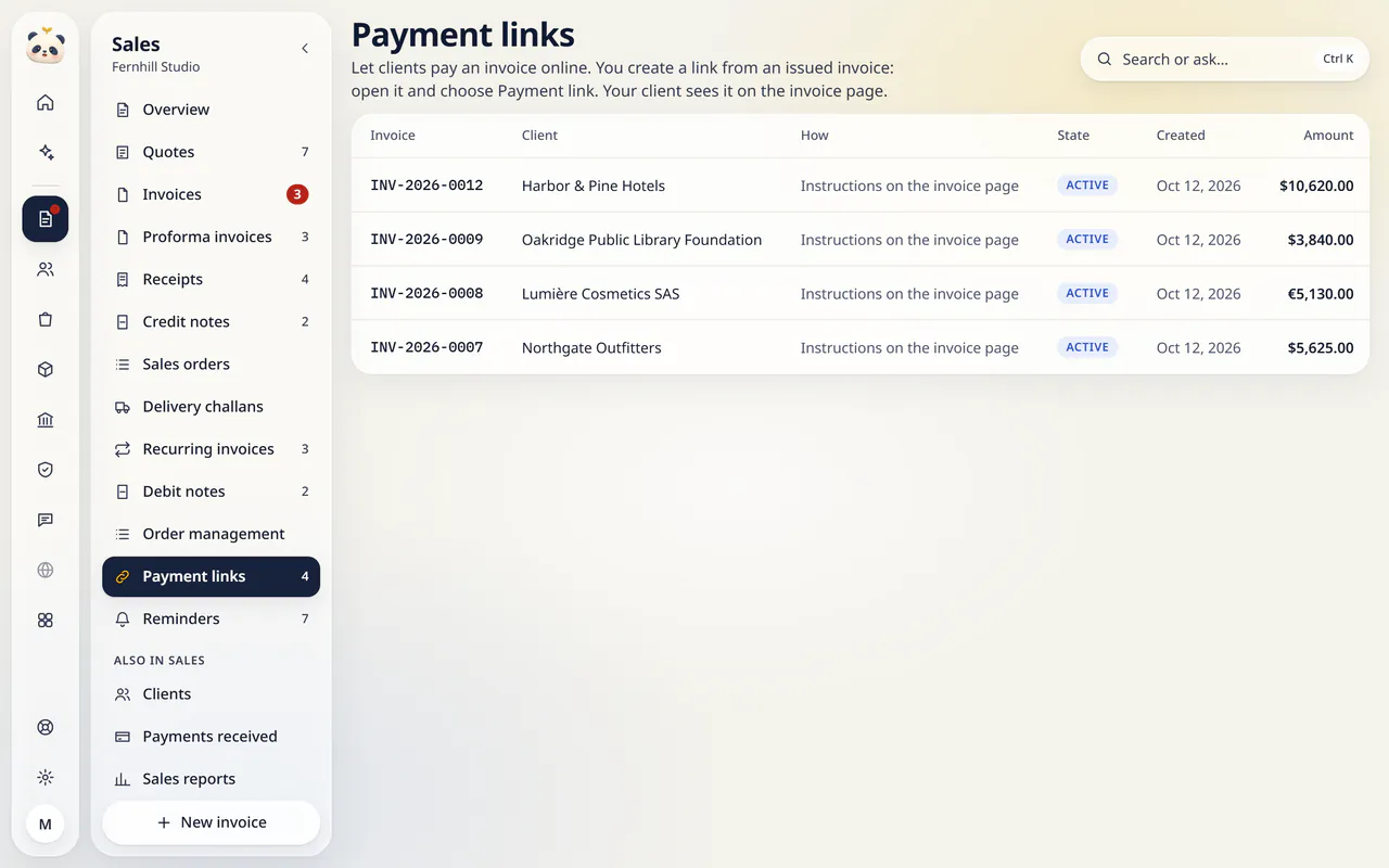 Payment links in LuckPanda for Fernhill Studio: rows include INV-2026-0012, Harbor & Pine Hotels, Instructions on the invoice page, Active, Oct 12, 2026; INV-2026-0009, Oakridge Public Library Foundation, Instructions on the invoice page, Active, Oct 12, 2026; INV-2026-0008, Lumière Cosmetics SAS, Instructions on the invoice page, Active, Oct 12, 2026.
