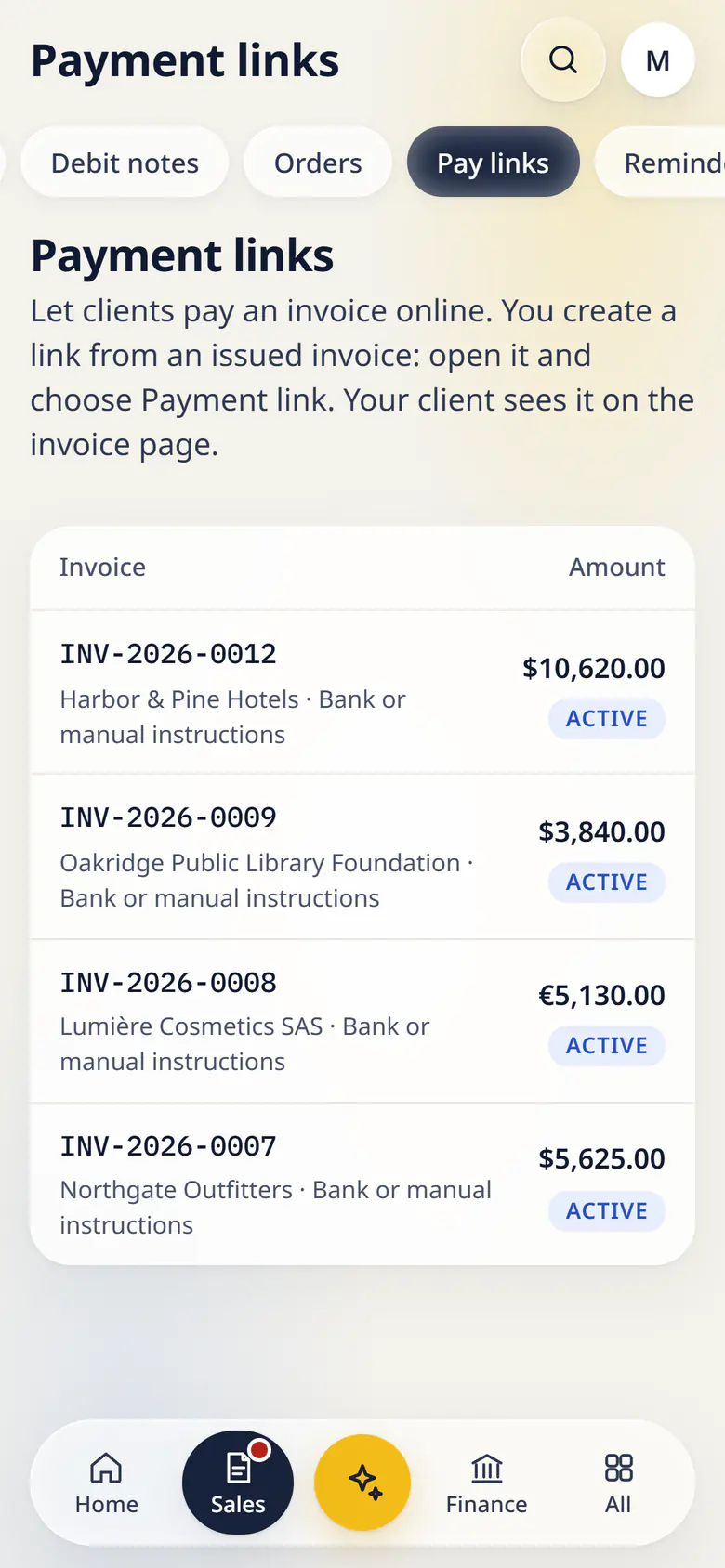 Payment links in LuckPanda for Fernhill Studio on a phone: rows include INV-2026-0012 Harbor & Pine Hotels · Bank or manual instructions, $10,620.00 active; INV-2026-0009 Oakridge Public Library Foundation · Bank or manual instructions, $3,840.00 active.