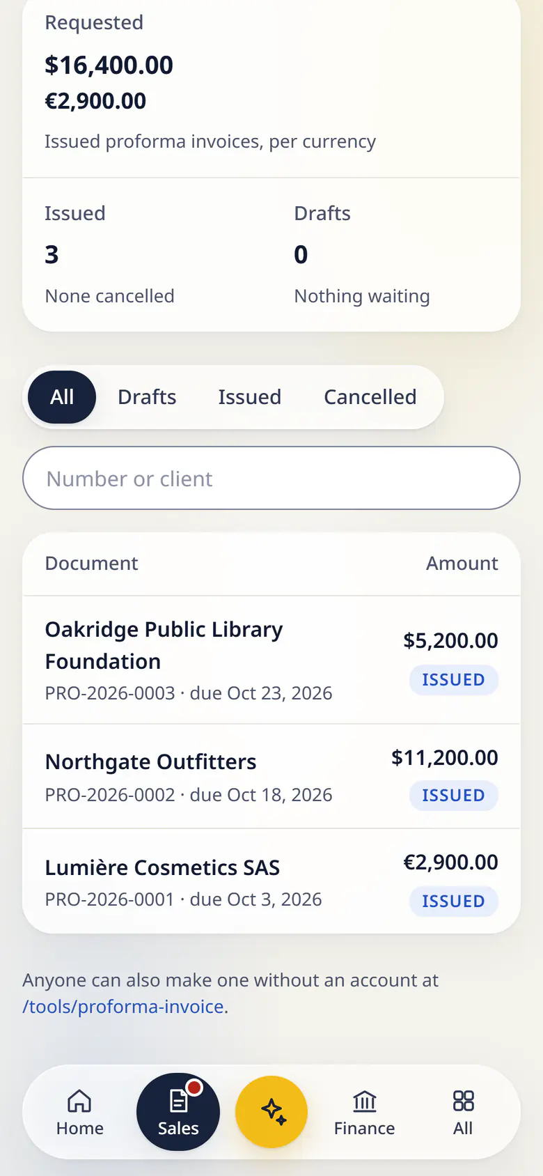 Proforma invoices in LuckPanda for Fernhill Studio on a phone: showing requested $16,400.00 and €2,900.00; issued 3; drafts 0. Rows include Oakridge Public Library Foundation PRO-2026-0003 · due Oct 23, 2026, $5,200.00 Issued; Northgate Outfitters PRO-2026-0002 · due Oct 18, 2026, $11,200.00 Issued.
