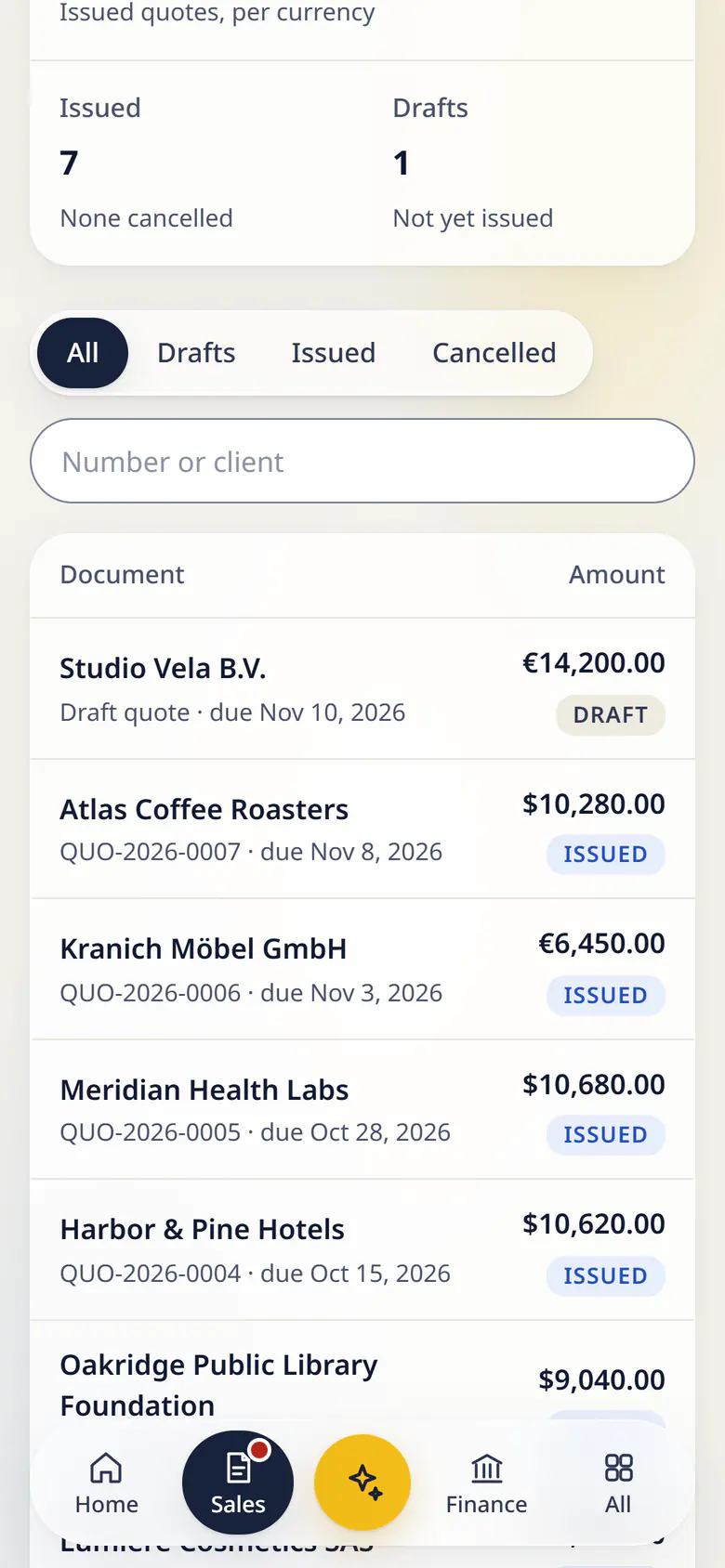 Quotes in LuckPanda for Fernhill Studio on a phone: showing quoted $62,620.00 and €10,130.00; issued 7; drafts 1. Rows include Studio Vela B.V. Draft quote · due Nov 10, 2026, €14,200.00 Draft; Atlas Coffee Roasters QUO-2026-0007 · due Nov 8, 2026, $10,280.00 Issued.