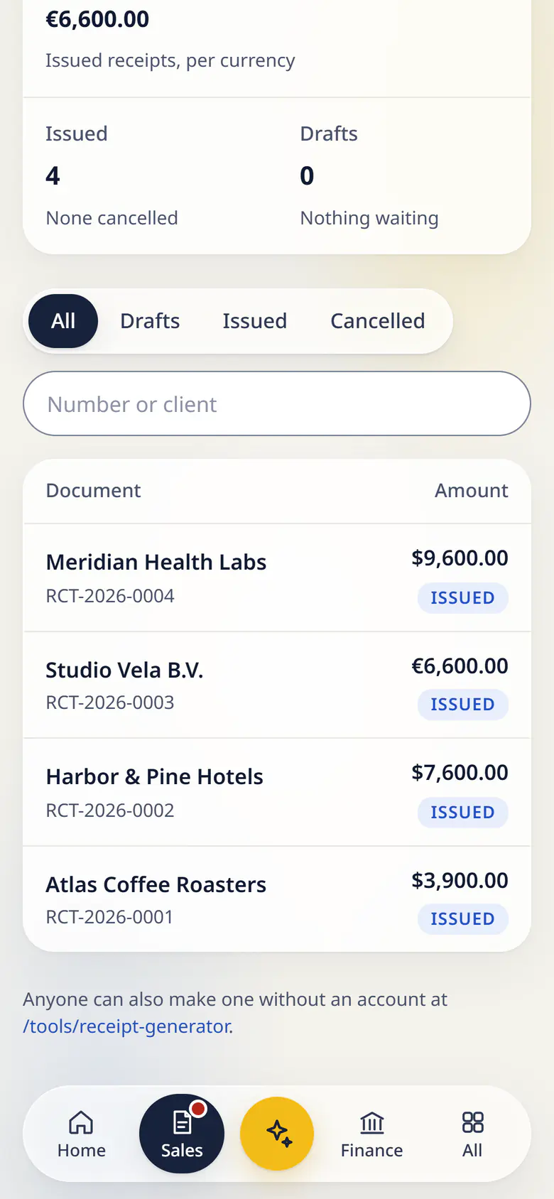 Receipts in LuckPanda for Fernhill Studio on a phone: showing confirmed received $21,100.00 and €6,600.00; issued 4; drafts 0. Rows include Meridian Health Labs RCT-2026-0004, $9,600.00 Issued; Studio Vela B.V. RCT-2026-0003, €6,600.00 Issued.