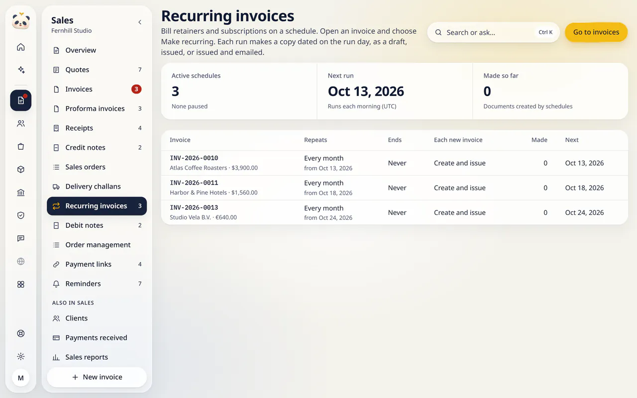 Recurring invoices in LuckPanda for Fernhill Studio: showing active schedules 3; next run Oct 13, 2026; made so far 0. Rows include INV-2026-0010 Atlas Coffee Roasters · $3,900.00, Every month from Oct 13, 2026, Never, Create and issue, 0; INV-2026-0011 Harbor & Pine Hotels · $1,560.00, Every month from Oct 18, 2026, Never, Create and issue, 0; INV-2026-0013 Studio Vela B.V. · €640.00, Every month from Oct 24,…