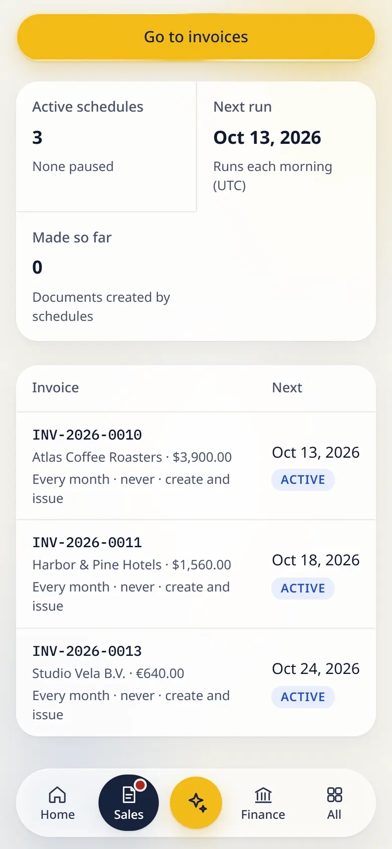 Recurring invoices in LuckPanda for Fernhill Studio on a phone: showing active schedules 3; next run Oct 13, 2026; made so far 0. Rows include INV-2026-0010 Atlas Coffee Roasters · $3,900.00 Every month · never · create and issue, Oct 13, 2026 Active; INV-2026-0011 Harbor & Pine Hotels · $1,560.00 Every month · never · create and issue, Oct 18, 2026 Active.