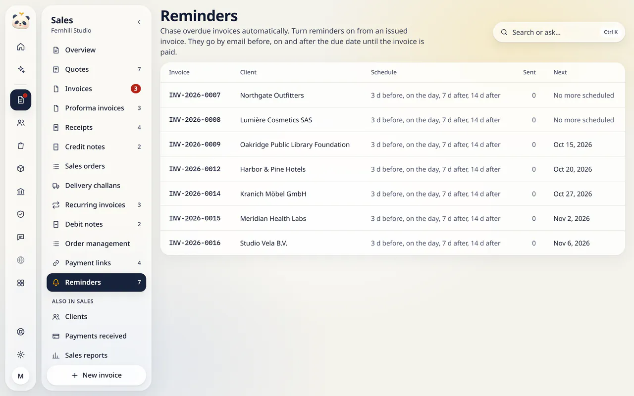Reminders in LuckPanda for Fernhill Studio: rows include INV-2026-0007, Northgate Outfitters, 3 d before, on the day, 7 d after, 14 d after, 0, No more scheduled; INV-2026-0008, Lumière Cosmetics SAS, 3 d before, on the day, 7 d after, 14 d after, 0, No more scheduled; INV-2026-0009, Oakridge Public Library Foundation, 3 d before, on the day, 7 d after, 14 d after, 0, Oct 15, 2026.
