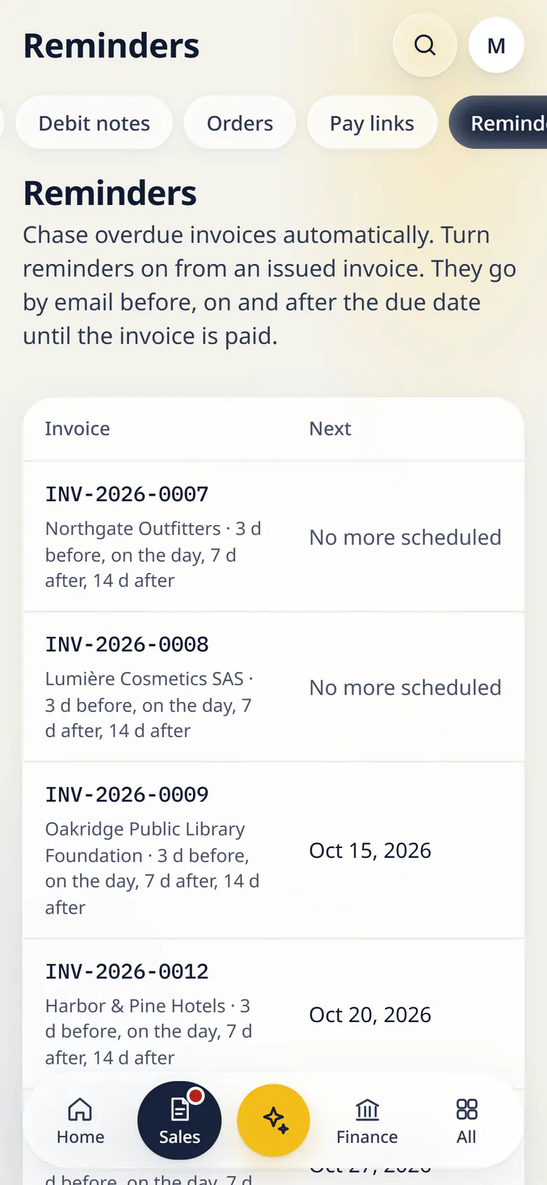 Reminders in LuckPanda for Fernhill Studio on a phone: rows include INV-2026-0007 Northgate Outfitters · 3 d before, on the day, 7 d after, 14 d after, No more scheduled; INV-2026-0008 Lumière Cosmetics SAS · 3 d before, on the day, 7 d after, 14 d after, No more scheduled.