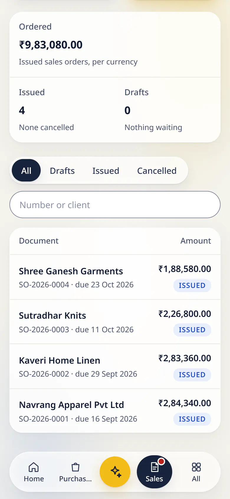 Sales orders in LuckPanda for Kesar Textiles on a phone: showing ordered ₹9,83,080.00; issued 4; drafts 0. Rows include Shree Ganesh Garments SO-2026-0004 · due 23 Oct 2026, ₹1,88,580.00 Issued; Sutradhar Knits SO-2026-0003 · due 11 Oct 2026, ₹2,26,800.00 Issued.