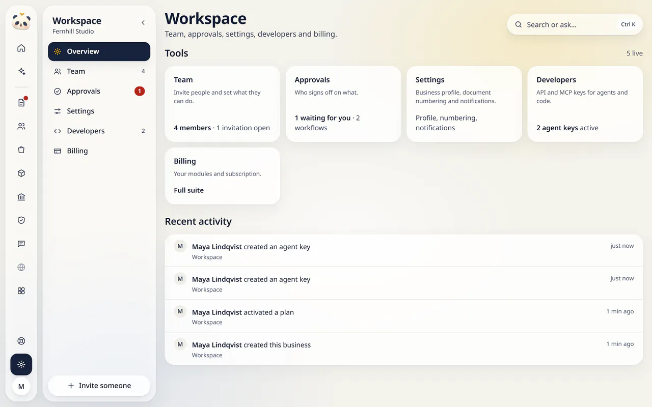 Workspace in LuckPanda for Fernhill Studio: tool cards: Team (4 members · 1 invitation open), Approvals (1 waiting for you · 2 workflows), Settings (Profile, numbering, notifications), Developers (2 agent keys active), Billing (Full suite).