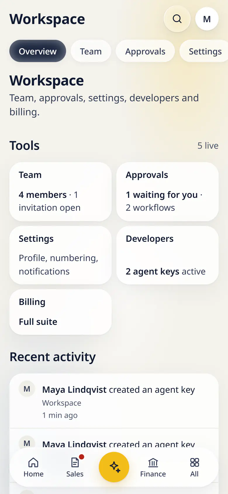 Workspace in LuckPanda for Fernhill Studio on a phone: tool cards: Team (4 members · 1 invitation open), Approvals (1 waiting for you · 2 workflows), Settings (Profile, numbering, notifications), Developers (2 agent keys active), Billing (Full suite).