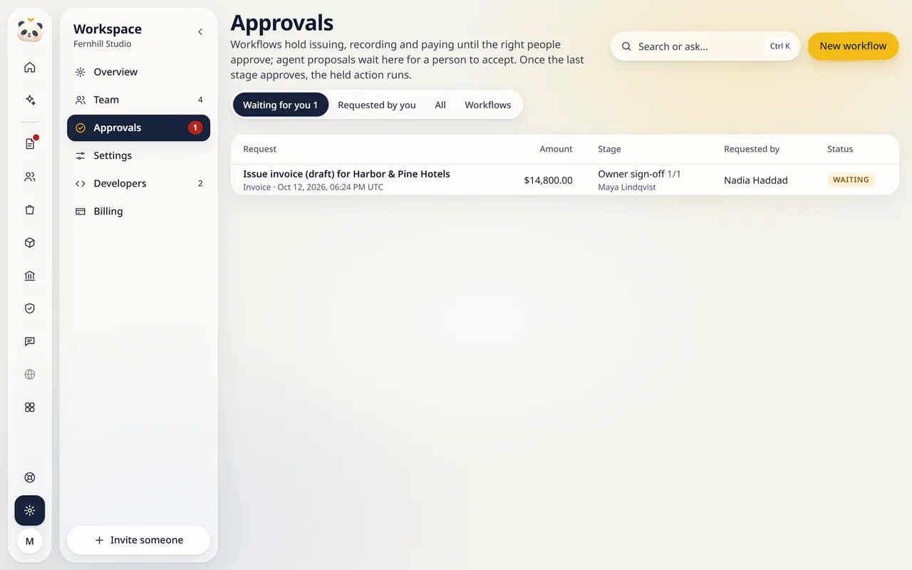 Approvals in LuckPanda for Fernhill Studio: rows include Issue invoice (draft) for Harbor & Pine Hotels Invoice · Oct 12, 2026, 06:24 PM UTC, $14,800.00, Owner sign-off 1/1 Maya Lindqvist, Nadia Haddad, Waiting.