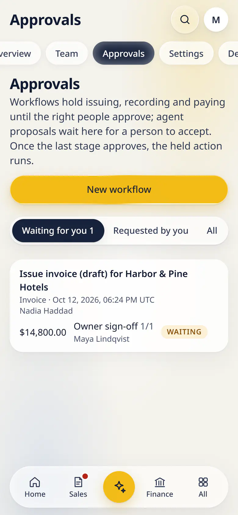 Approvals in LuckPanda for Fernhill Studio on a phone: rows include Issue invoice (draft) for Harbor & Pine Hotels Invoice · Oct 12, 2026, 06:24 PM UTC Nadia Haddad, $14,800.00, Owner sign-off 1/1 Maya Lindqvist, Waiting.