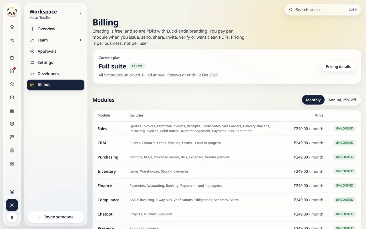 Billing in LuckPanda for Kesar Textiles: rows include Sales, Quotes, Invoices, Proforma invoices, Receipts, Credit notes, Sales orders, Delivery challans, Recurring invoices, Debit notes, Order management, Payment links, Reminders, ₹249.00 / month, Unlocked; CRM, Clients, Contacts, Leads, Pipeline, Forms · 1 tool in progress, ₹249.00 / month, Unlocked; Purchasing, Vendors, RFQs, Purchase orders, Bills, Expenses,…
