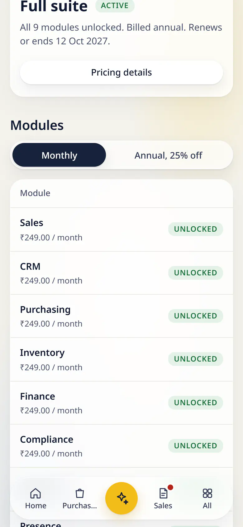 Billing in LuckPanda for Kesar Textiles on a phone: rows include Sales ₹249.00 / month, Unlocked; CRM ₹249.00 / month, Unlocked.