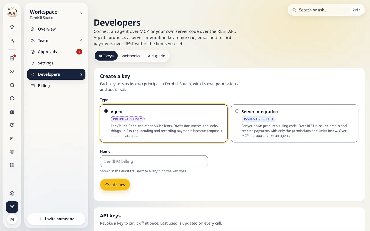 Developers in LuckPanda for Fernhill Studio: with Create a key, API keys.
