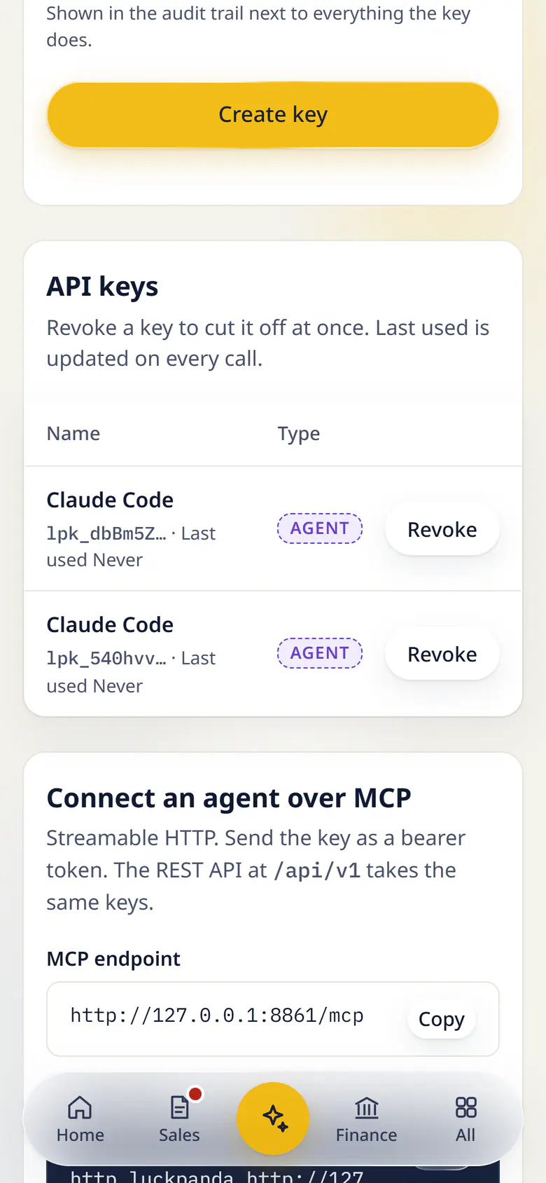 Developers in LuckPanda for Fernhill Studio on a phone: rows include Claude Code lpk_dbBm5Z… · Last used Never, Agent, Revoke; Claude Code lpk_540hvv… · Last used Never, Agent, Revoke.