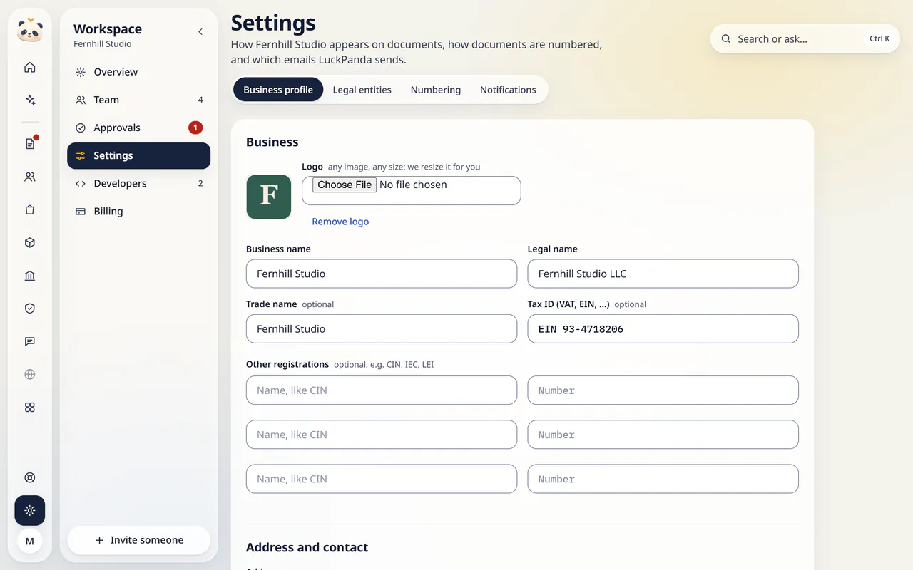 Settings in LuckPanda for Fernhill Studio: the business profile form of Fernhill Studio: logo, business and legal name, tax ID, other registrations, address and contact, with tabs for numbering and notifications.