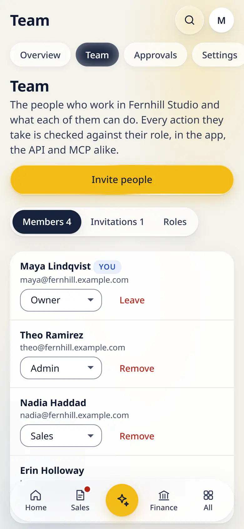 Team in LuckPanda for Fernhill Studio on a phone: rows include Maya Lindqvist You maya@fernhill.example.com, Role for Maya Lindqvist, Leave; Theo Ramirez theo@fernhill.example.com, Role for Theo Ramirez, Remove.